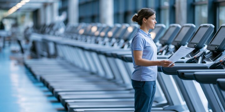 Woman reading workout plan at gym treadmill