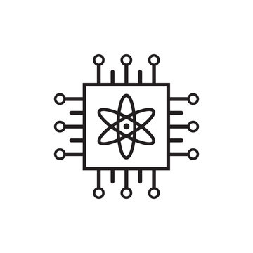 Quantum Computing Icon. Minimal quantum computing processor icon featuring an atom symbol and integrated circuit connections in clean outline style. vector illustration.