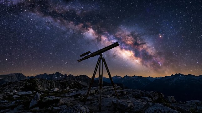 Telescope pointing at the bright Milky Way galaxy above mountain peaks during night sky observation