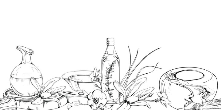 Glass jug, olive oil bottle and fruiting olive twig a seamless border. Hand drawn pencil illustration. Gourmet packaging, cookbook headers, Mediterranean restaurant menus, specialty food branding.