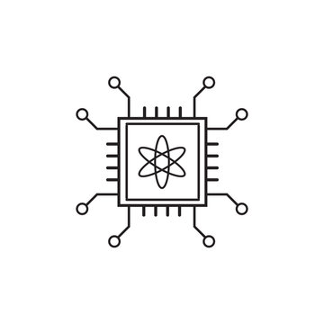 Quantum Computing Icon. Minimal quantum computing processor icon featuring an atom symbol and integrated circuit connections in clean outline style. vector illustration.