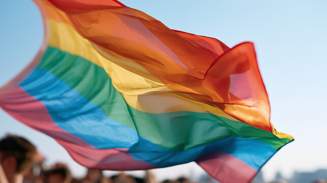 Vibrant Rainbow Flag Waving During the Celebratory Parade LGBT Sao Paulo Event Showcasing Community Pride and Diversity Under a Clear Blue Sky