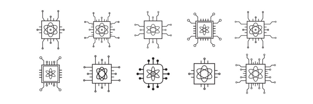 Set of Quantum Computing icon in line Versions . Modern quantum technology vector illustration. ideal for quantum computing, artificial intelligence, technology website, digital innovation projects.