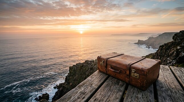 Vintage Leather Suitcase Resting on a Wooden Platform Overlooking the Ocean at Sunset During a Scenic Travel Journey