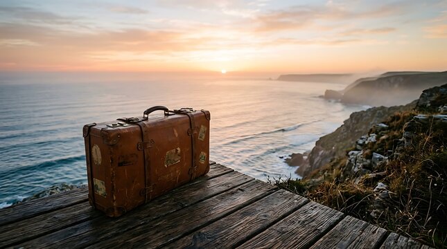 Vintage suitcase placed on a wooden surface overlooking a stunning ocean cliffside at sunrise, embodying a sense of adventure and travel