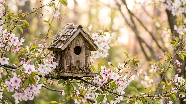 Wooden birdhouse hanging in a blooming cherry blossom tree during a sunny spring day in nature