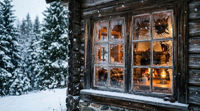 Cozy wooden cabin window reflecting warm indoor light amidst a snowy evergreen forest during a winter twilight scene