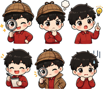Chibi boy detective character set with magnifying glass and various poses.