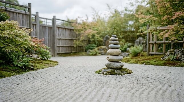 Zen Garden Featuring a Balanced Stack of Smooth River Stones on Raked White Gravel Sand in a Peaceful Traditional Japanese Courtyard