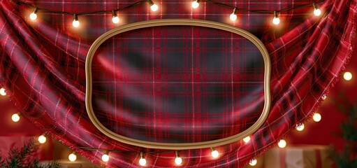 Obraz premium Red tartan background with elegant emblem, perfect for holiday tags, festive packaging, and cozy winter decor.