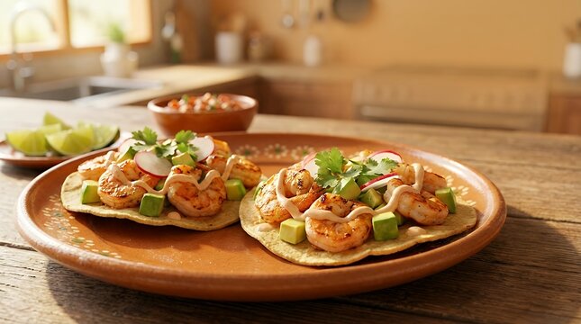 3D render of a delicious and appetizing close-up view of a plate of shrimp tostada presented in a restaurant or kitchen setting with the crispy tortilla succulent shrimp and fresh toppings