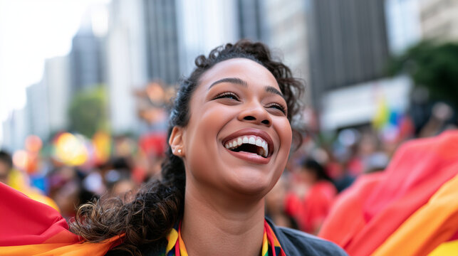 Joyful woman participating in the vibrant and celebratory atmosphere of the annual Parade LGBT Sao Paulo street march