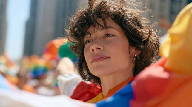 Portrait of a young person feeling empowered and proud while participating in the vibrant Parade LGBT Sao Paulo celebration on a sunny day