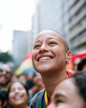 Smiling Nonbinary Person Participating in the Vibrant Parade LGBT Sao Paulo Celebration for Equality and Diversity