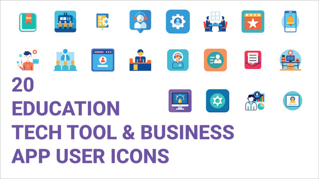 Education tech tool and business app user icons &ndash; edtech software, platforms, and digital productivity symbols.