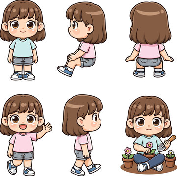 Cute cartoon girl vector character in various poses: standing, walking, gardening, sitting, and waving, isolated on a white background.