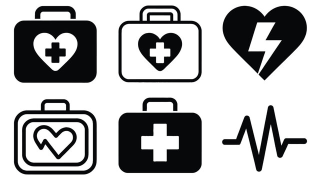 Automated External Defibrillator AED Icon Featuring Emergency First Aid Kit, Heart Symbol, Lightning Bolt, Electrode Pads, and Heartbeat Pulse Illustration.