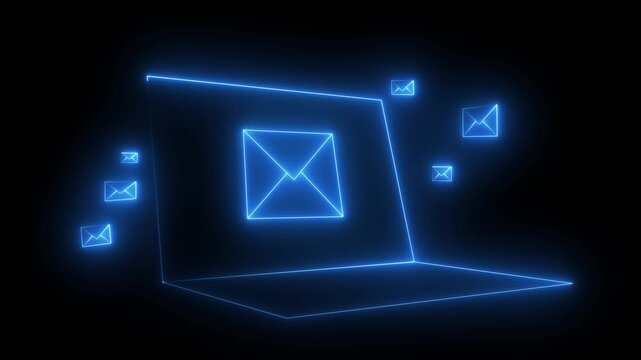 eon message icon animation with black background. message icon concept. Glowing email icon on a laptop screen.Motion graphics of concept