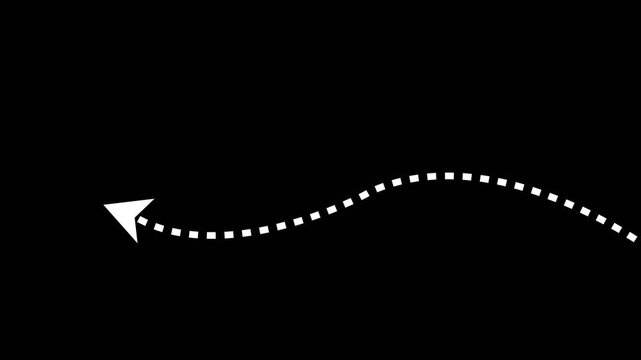 Minimalist white dotted line moving in a wavy path with an arrow pointing left on a transparent alpha channel background.Motion graphics of concept