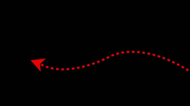 Minimalist red dotted line moving in a wavy path with an arrow pointing left on a transparent alpha channel background.Motion graphics of concept