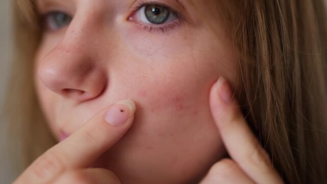 Teenage girl with visible facial blemishes examining problem skin and touching pimple during her skincare routine. Close-up  acne, skin irritation, adolescence, dermatological care and facial health