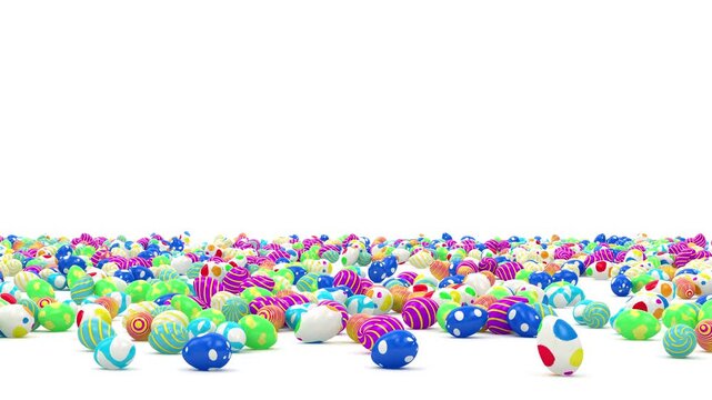 Colorful decorated Easter eggs fall, bounce, and pile up across a clean white background, creating a festive spring holiday scene in seamless 3D animation