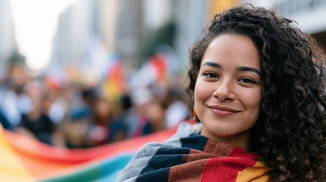 Portrait of a young woman smiling at the Pride Parade LGBT Sao Paulo while showing support for diversity and inclusion with a colorful flag