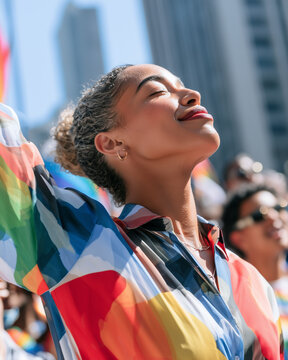 Portrait of a joyful woman celebrating equality and love during the vibrant Parade LGBT Sao Paulo street festival under the bright sun