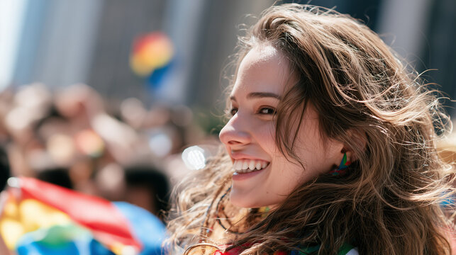 Happy Young Woman Celebrating Diversity and Equality at the Vibrant Parade LGBT Sao Paulo Street Festival
