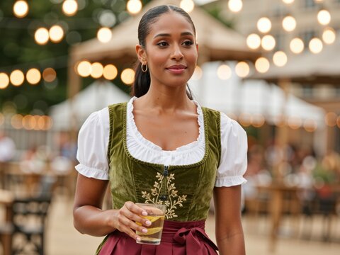Woman wearing traditional dirndl dress celebrating oktoberfest