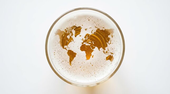 World map shaped beer foam in glass top view.