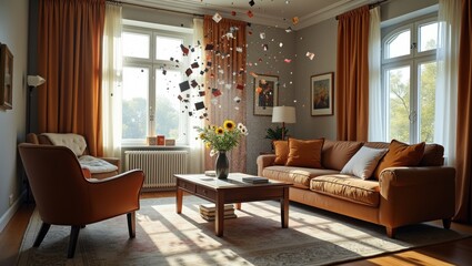 Fototapeta premium Cozy living room interior with orange curtains, brown sofa, and a coffee table adorned with flowers, surrounded by floating decorative elements in a sunlit space