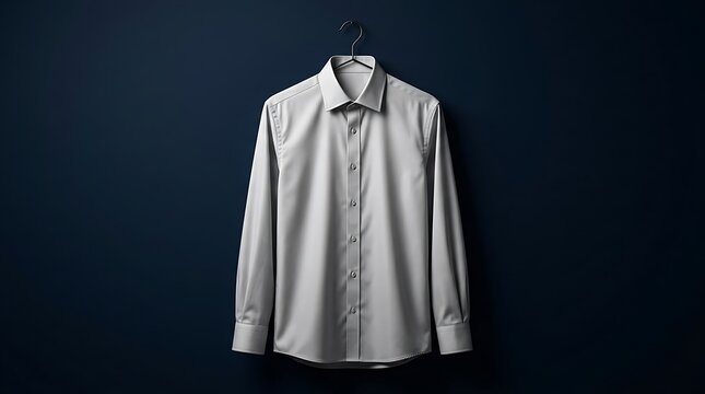 Classic Grey Long Sleeve Button Down Shirt Hung On A Hanger Against A Dark Blue Wall