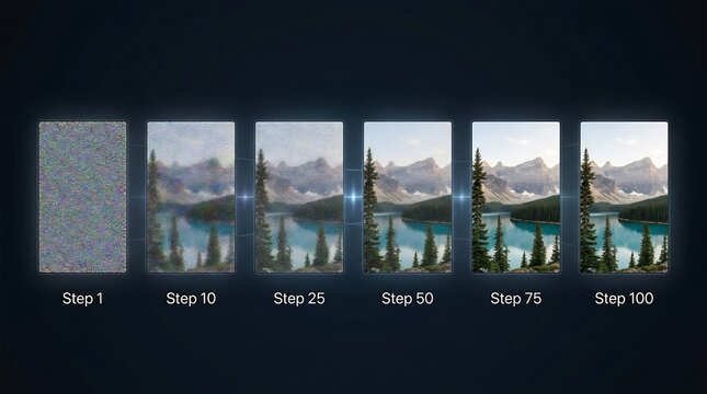 AI denoising process transforming noisy image into clear mountain lake landscape