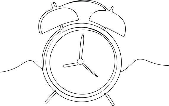 Alarm clock wake up morning time concept outline vector illustration continuous line style drawing on transparent background.