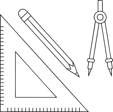 Drafting tools including triangle ruler pencil and compass for drawing.