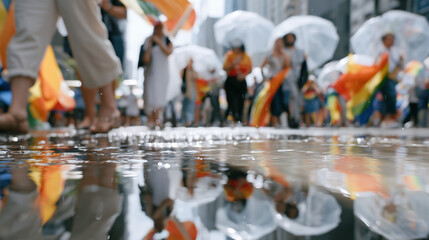 Obraz premium Vibrant crowds walking in the rain during the Parade LGBT Sao Paulo celebration with colorful rainbow flags and reflections on the ground