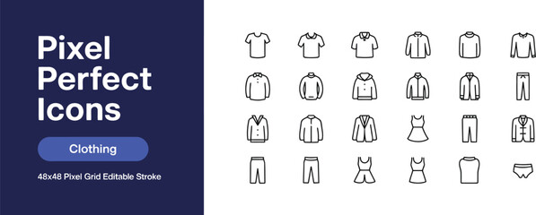 Clothing Apparel Line Icon Set vector illustration featuring oversized T shirt hoodie wide leg jeans puffer jacket bra and jumpsuit outline symbols for fashion app and web design © Rashed