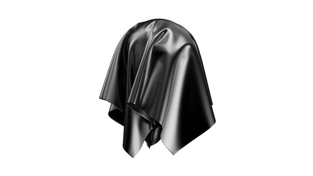 Black silky fabric drapes and flows over a hidden object, creating smooth folds and glossy reflections against white, black, and green screen backgrounds in 3D animation