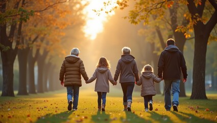Obraz premium Family walking hand in hand through a park during autumn, surrounded by colorful leaves and trees, with sunlight filtering through the branches in the background