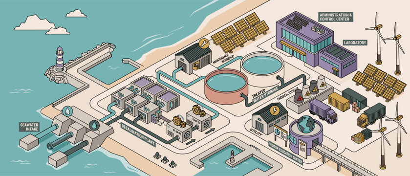 Isometric Vector Map of a Reverse Osmosis Desalination Plant showing Seawater Intake and Water Treatment Process with Control Center and Laboratory Facility