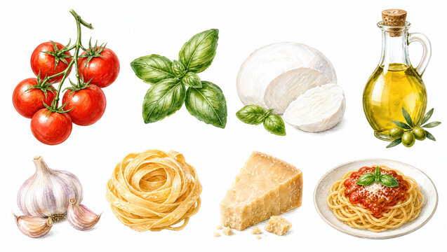 Watercolor Italian food clipart set with tomatoes, basil, mozzarella, olive oil, garlic, pasta and parmesan. Illustration isolated on white for design