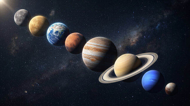 In the deep space, various planets are aligned against a stellar, hazy nebula