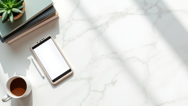 overhead flat lay white marble desk mockup space with books mug smartphone and succulent for advertising lifestyle design