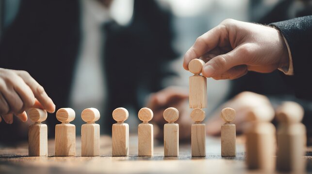 Businessman placing wooden figure into team line representing leadership HR recruitment and corporate strategy concept.