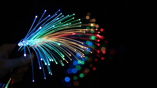 Colorful fiber optic cables glowing with vibrant light trails against dark background