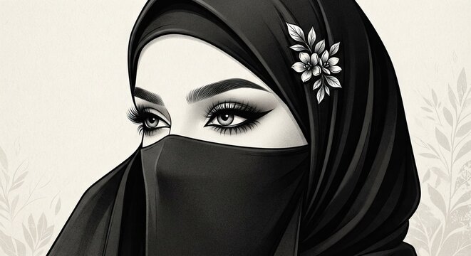 Black-and-white portrait with niqab and hijab