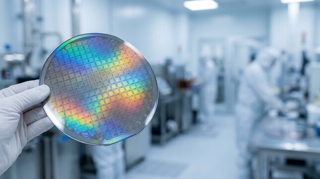 Scientist in cleanroom holding colorful silicon wafer for semiconductor research