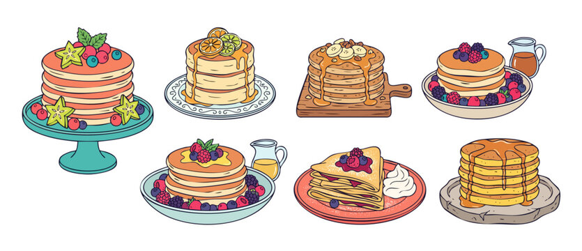 Pancake stack illustration vector set delicious breakfast food crepes topping syrup berries banana starfruit citrus honey sweet dessert clipart collection isolated white background banner graphic