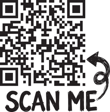 Hand drawn dummy qr code with curved arrow pointing to scan me text, handdrawn
